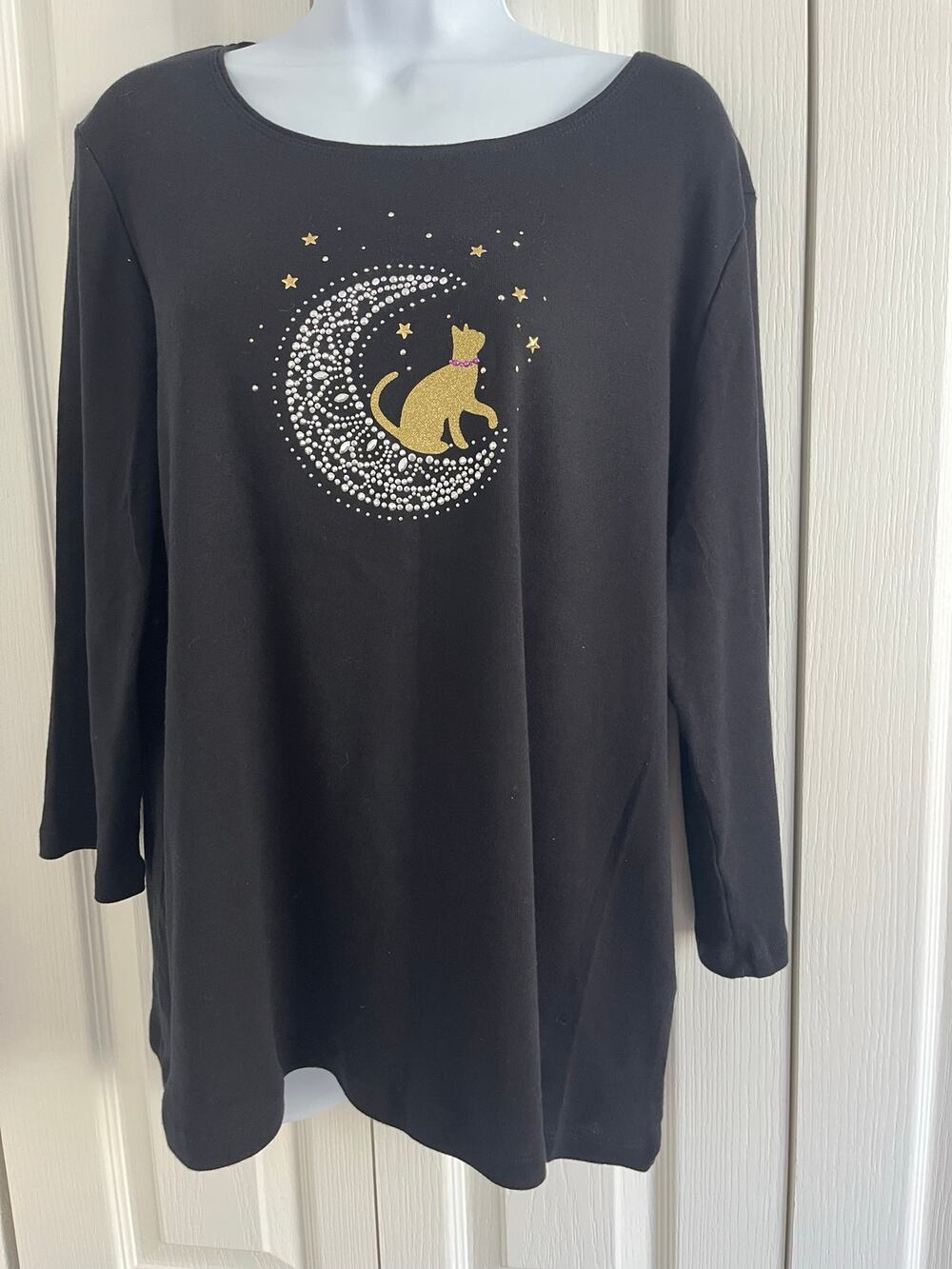 Karen Scott Black Cat & Moon Embellished Long Sleeve Top — XL Happy Halloween!